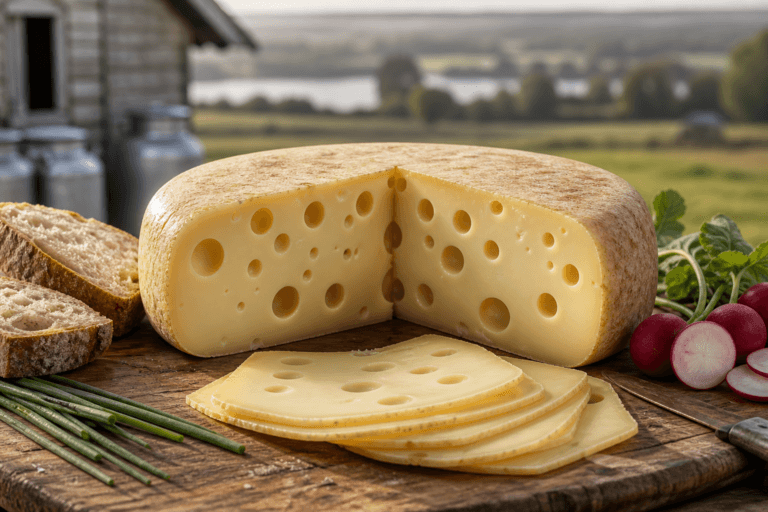 Editorial food photograph of a traditional Polish Swiss-style cheese from Wiżajny, shown as a round aged wheel cut in half to reveal a smooth straw-yellow interior with scattered glossy round holes, placed on a rustic wooden board with a few slices, sourdough bread, radishes, and chives nearby; subtle northern Suwalszczyzna atmosphere in the background with a cool rural dairy setting, soft morning light, muted countryside tones, high-detail textures, appetizing natural styling, authentic artisanal feel, shallow depth of field, no text, no labels, no logos
