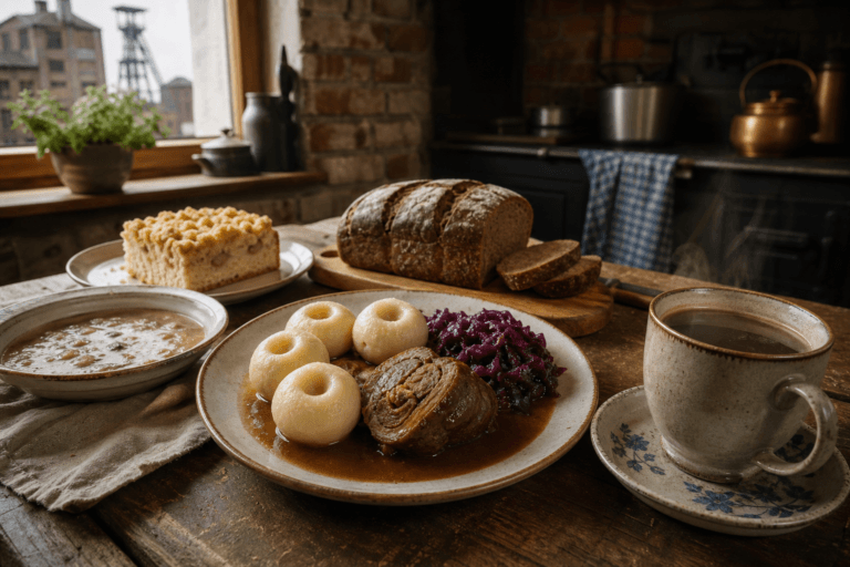 Editorial food photograph of a traditional Upper Silesian Sunday meal on a rustic table in a warm family kitchen, featuring a plated beef roulade in dark gravy, white Silesian dumplings with a small dimple, and braised red cabbage, alongside a bowl of sour rye soup, a slice of yeast cake with buttery crumble, a loaf of dark bread, and a steaming cup of grain coffee; subtle regional atmosphere with red-brick industrial Silesian hints in the background, cozy natural window light, rich textures, authentic Central European culinary styling, high detail, appetizing composition, no text, no labels, no logos