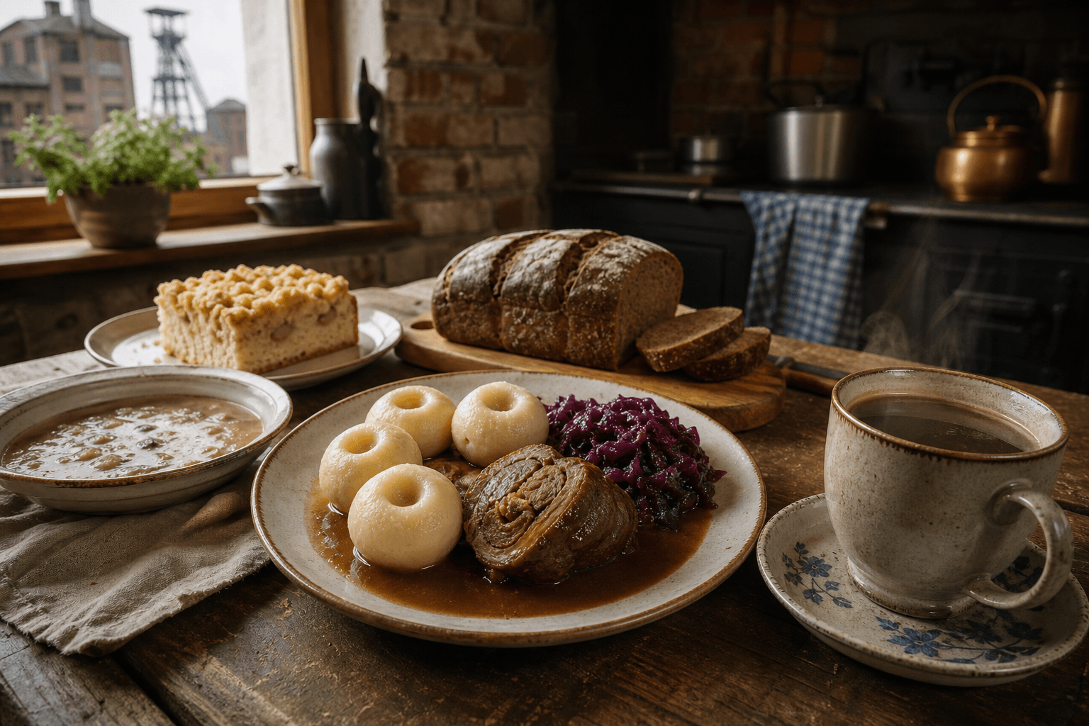 Editorial food photograph of a traditional Upper Silesian Sunday meal on a rustic table in a warm family kitchen, featuring a plated beef roulade in dark gravy, white Silesian dumplings with a small dimple, and braised red cabbage, alongside a bowl of sour rye soup, a slice of yeast cake with buttery crumble, a loaf of dark bread, and a steaming cup of grain coffee; subtle regional atmosphere with red-brick industrial Silesian hints in the background, cozy natural window light, rich textures, authentic Central European culinary styling, high detail, appetizing composition, no text, no labels, no logos